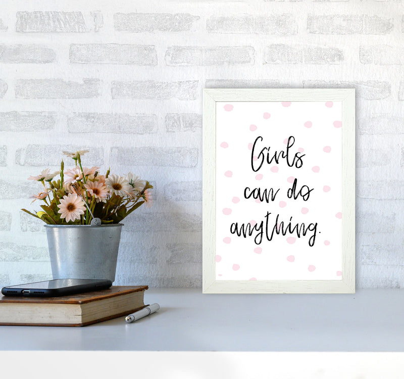 Girls Can Do Anything Pink Polka Dots Framed Typography Wall Art Print A4 Oak Frame