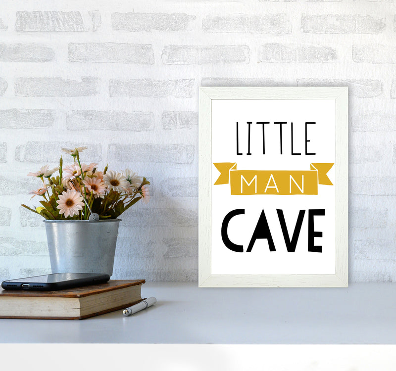 Little Man Cave Mustard Banner Framed Nursey Wall Art Print A4 Oak Frame
