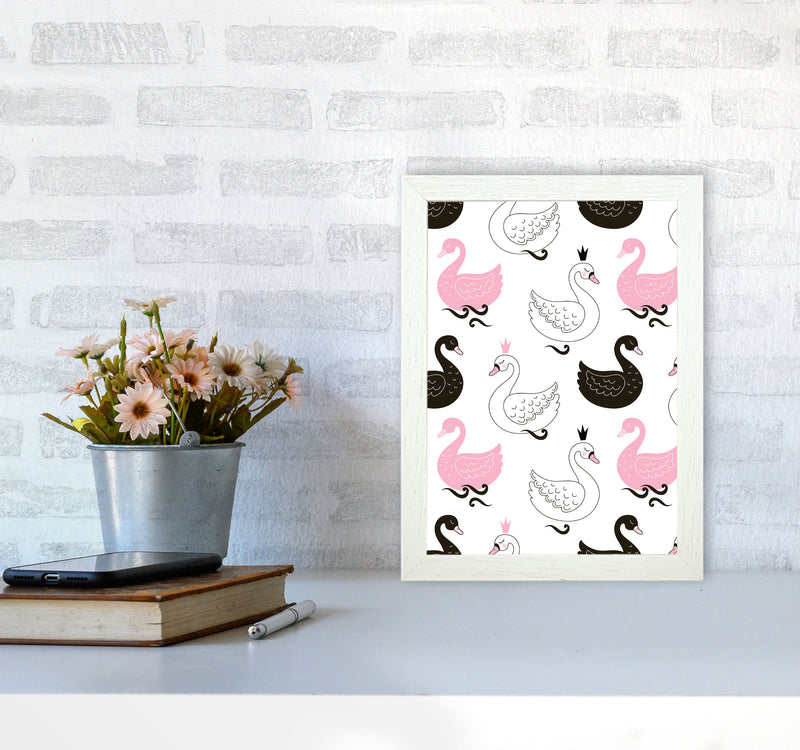 Pink Black And White Swan Pattern Modern Print Animal Art Print A4 Oak Frame