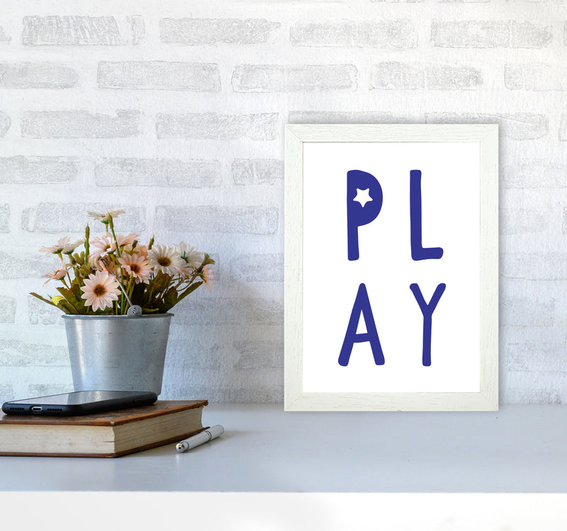 Play Navy Framed Typography Wall Art Print A4 Oak Frame
