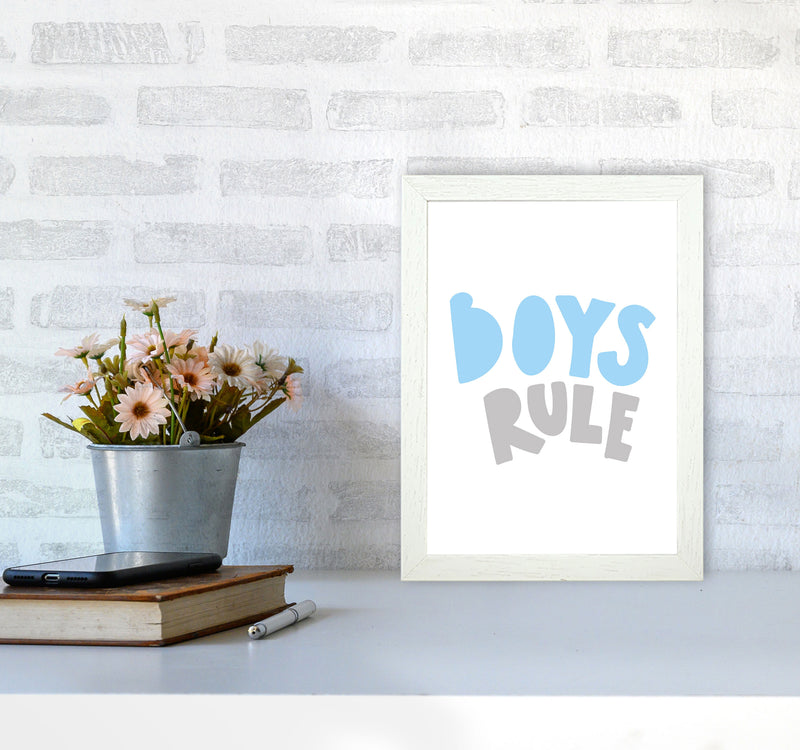 Boys Rule Grey And Light Blue Framed Typography Wall Art Print A4 Oak Frame