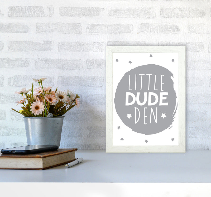 Little Dude Den Grey Circle Framed Nursey Wall Art Print A4 Oak Frame