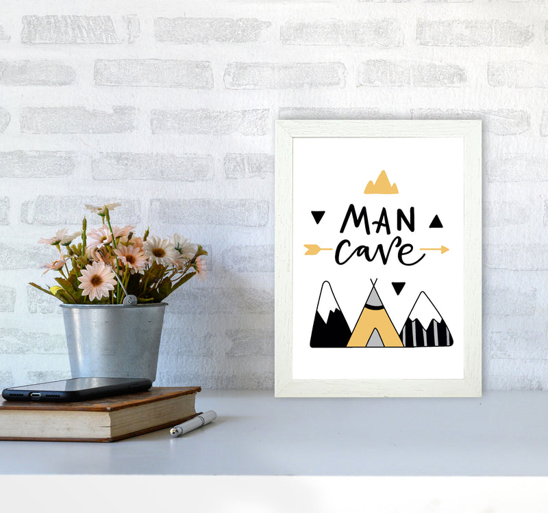 Man Cave Mountains Mustard And Black Framed Typography Wall Art Print A4 Oak Frame