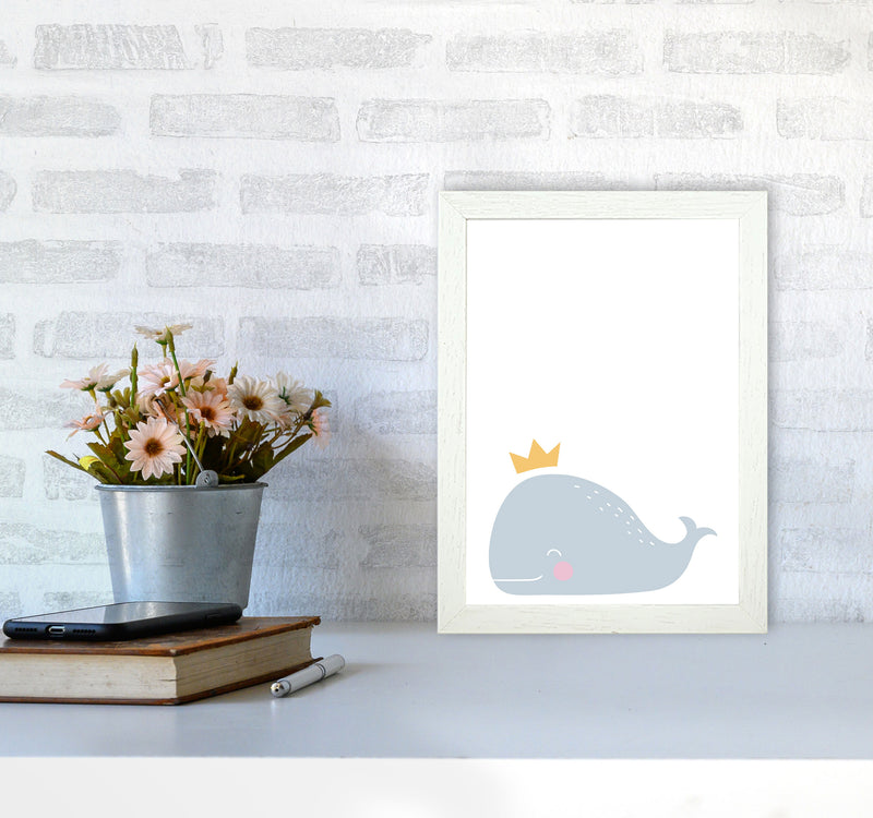Whale With Crown Framed Nursey Wall Art Print A4 Oak Frame
