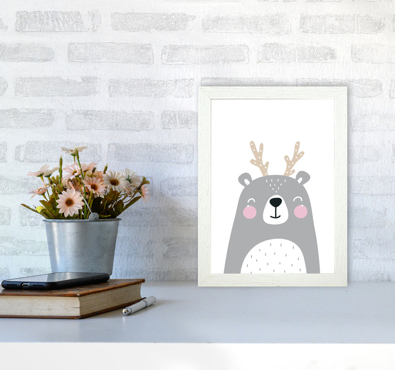 Grey Bear With Antlers Modern Print Animal Art Print A4 Oak Frame