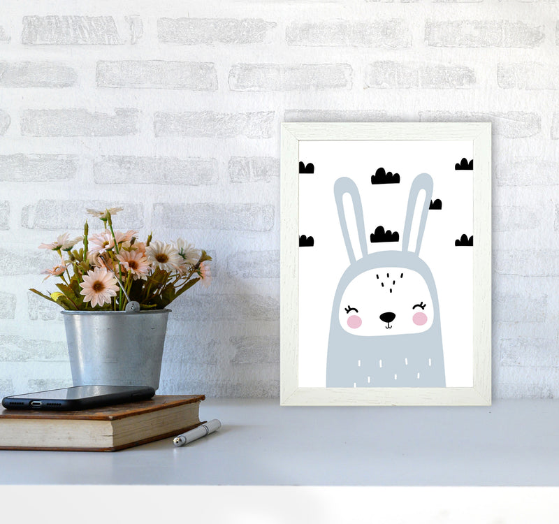 Blue Scandi Bunny With Clouds Modern Print Animal Art Print A4 Oak Frame
