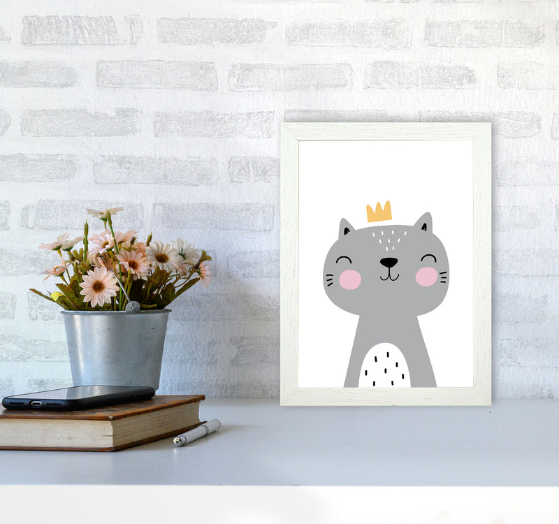 Grey Scandi Cat With Crown Modern Print Animal Art Print A4 Oak Frame