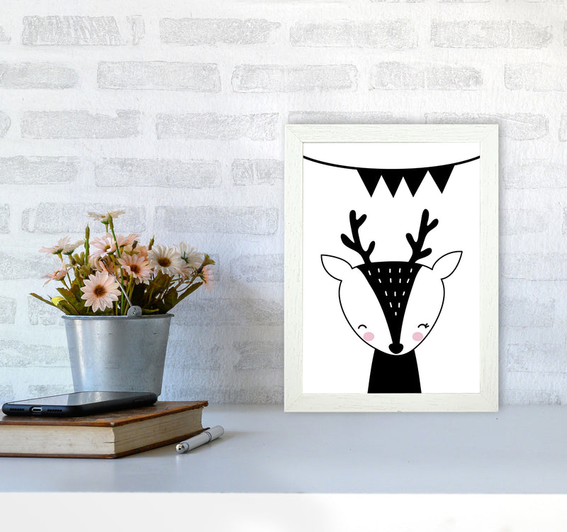 Scandi Black Deer With Banner Framed Nursey Wall Art Print A4 Oak Frame