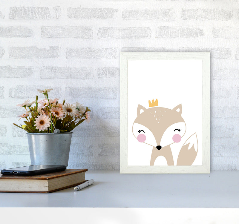 Scandi Beige Fox With Crown Framed Nursey Wall Art Print A4 Oak Frame