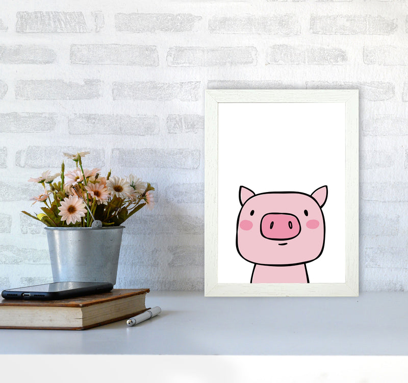 Scandi Pink Pig Framed Nursey Wall Art Print A4 Oak Frame