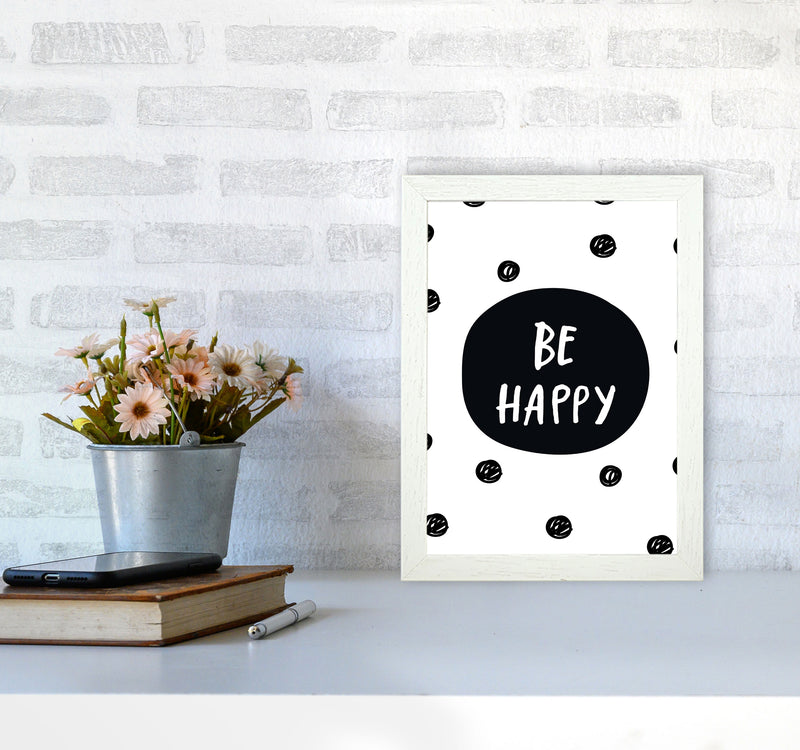 Be Happy Polka Dot Framed Typography Wall Art Print A4 Oak Frame