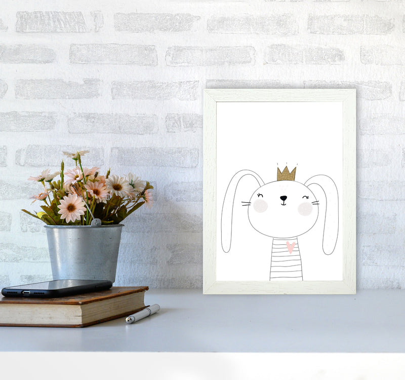Scandi Cute Bunny With Crown Framed Nursey Wall Art Print A4 Oak Frame