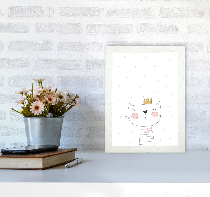 Scandi Cute Cat With Crown And Stars Framed Nursey Wall Art Print A4 Oak Frame