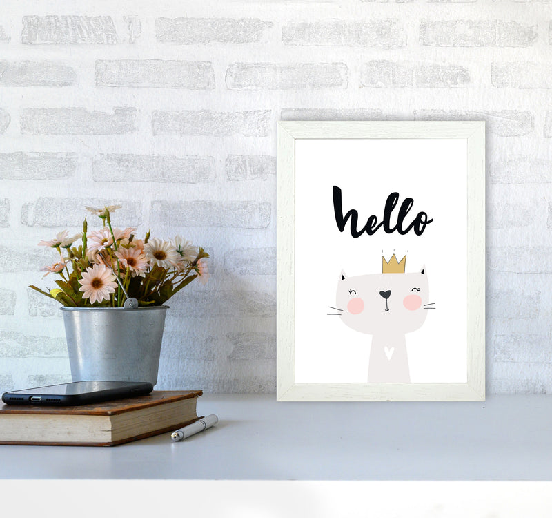 Hello Scandi Cat Modern Print Animal Art Print A4 Oak Frame