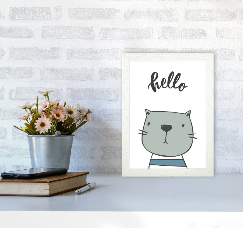 Hello Cat Modern Print Animal Art Print A4 Oak Frame