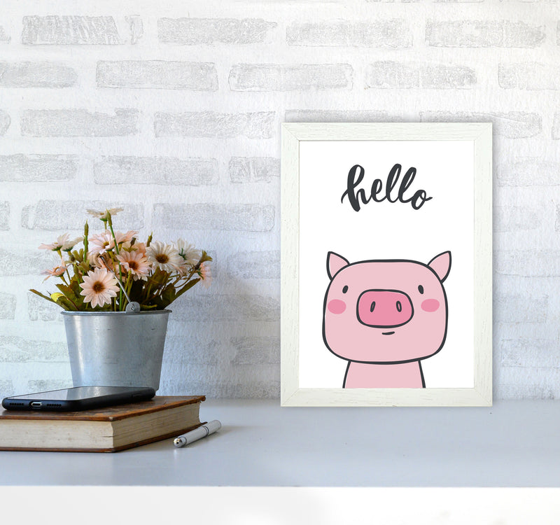 Hello Pig Modern Print Animal Art Print A4 Oak Frame