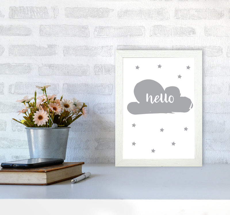 Hello Cloud Grey Framed Nursey Wall Art Print A4 Oak Frame