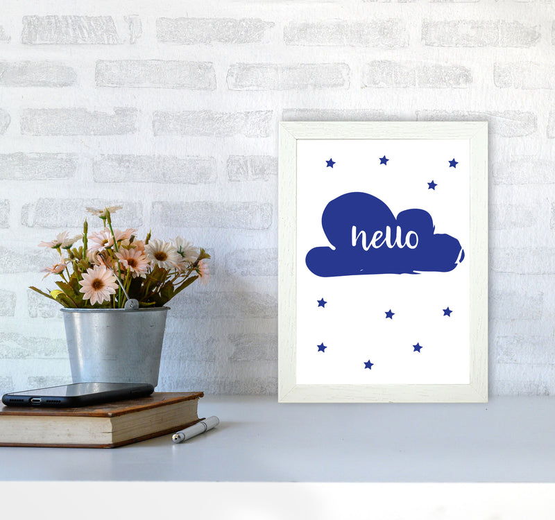 Hello Cloud Navy Framed Nursey Wall Art Print A4 Oak Frame