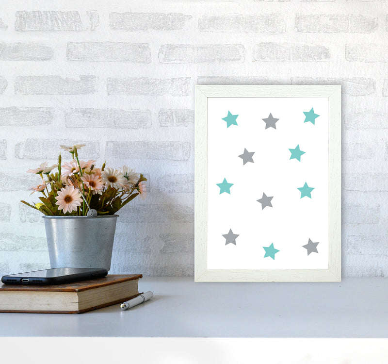 Mint And Grey Stars Framed Nursey Wall Art Print A4 Oak Frame