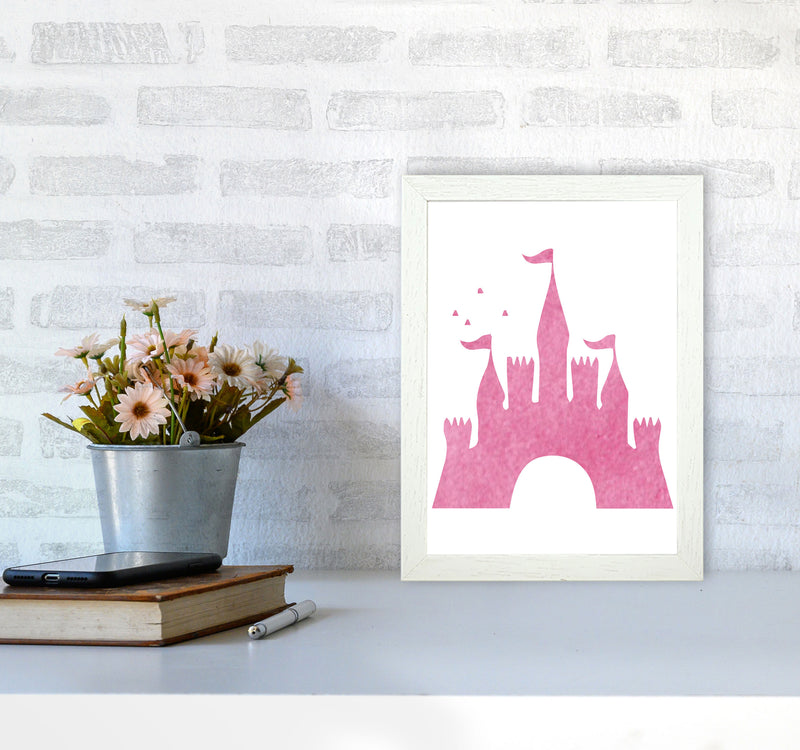 Pink Castle Watercolour Modern Print A4 Oak Frame