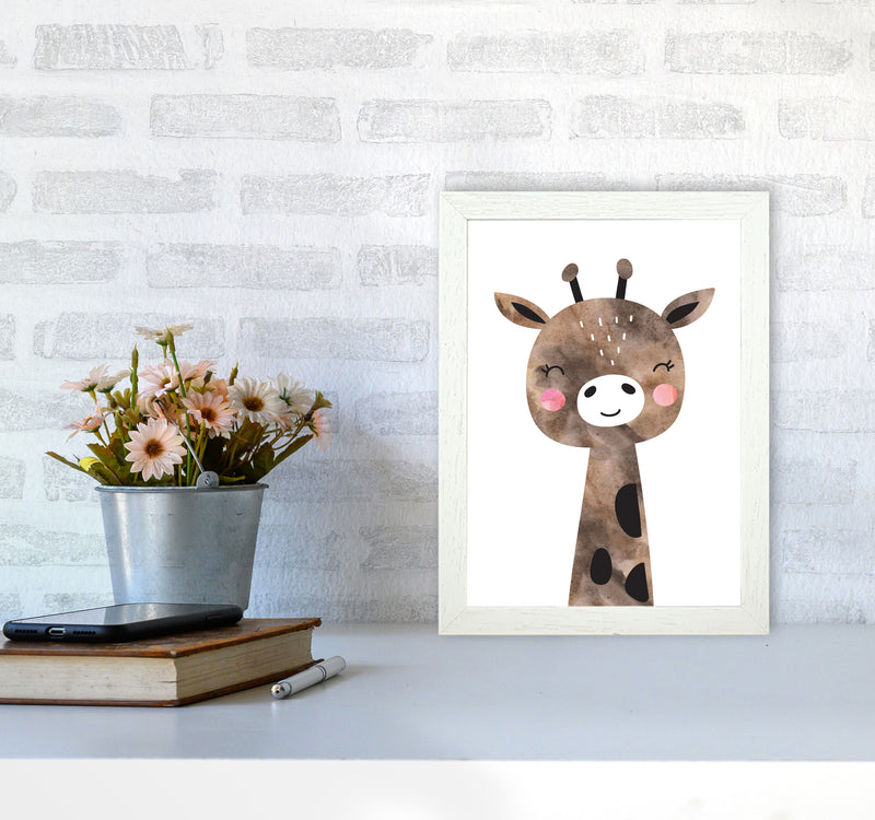 Scandi Brown Giraffe Watercolour Framed Nursey Wall Art Print A4 Oak Frame