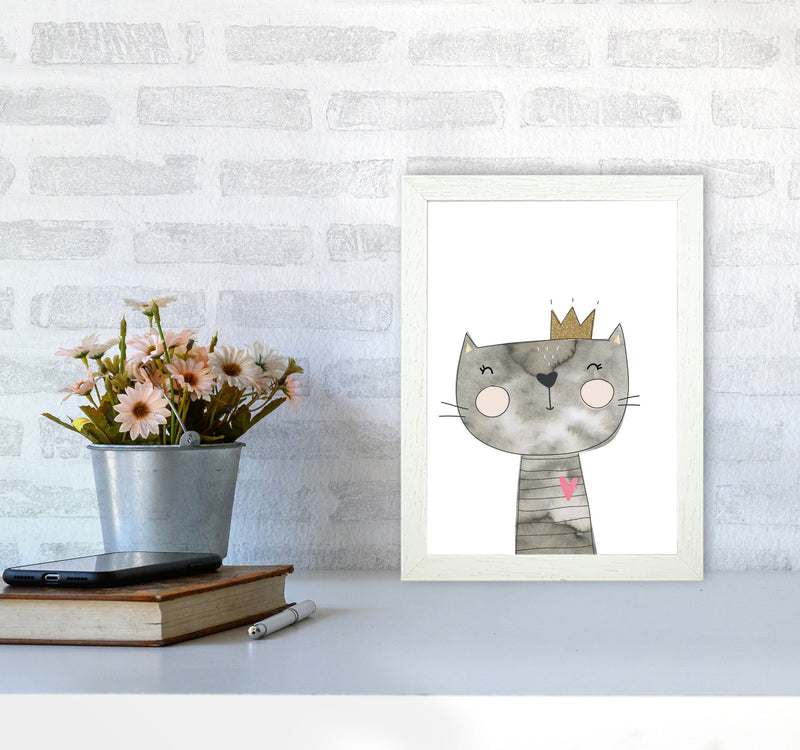 Scandi Grey Cat Watercolour Framed Nursey Wall Art Print A4 Oak Frame