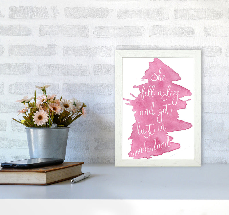 Wonderland Pink Watercolour Modern Print A4 Oak Frame