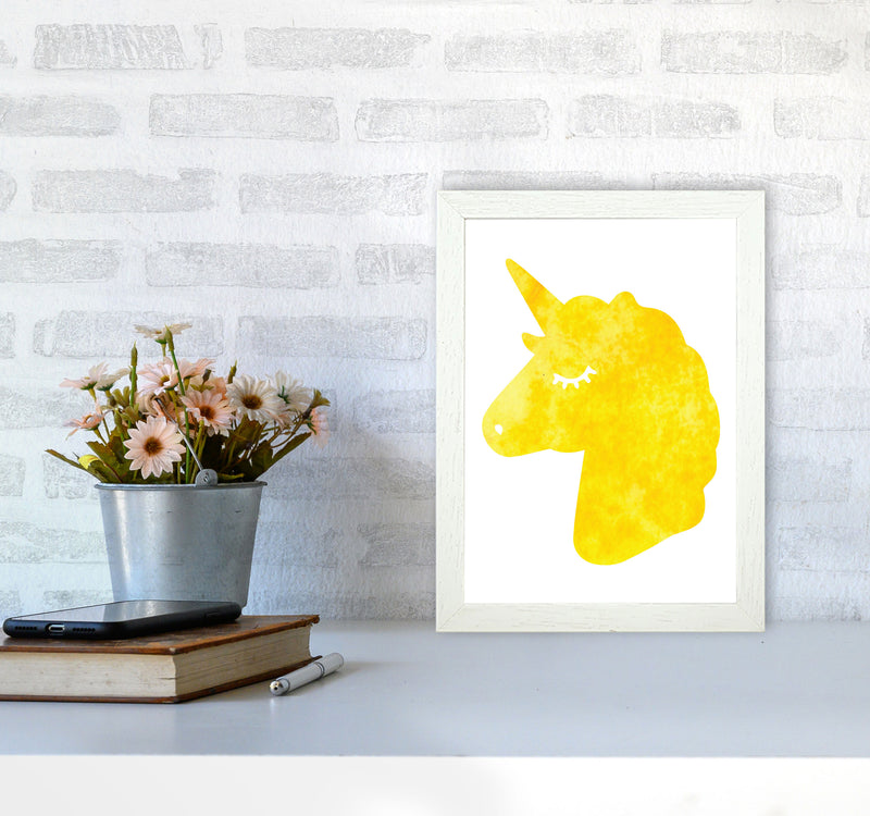 Unicorn Yellow Silhouette Watercolour Modern Print A4 Oak Frame