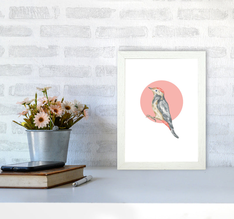 Watercolour Bird With Red Circle Modern Print Animal Art Print A4 Oak Frame