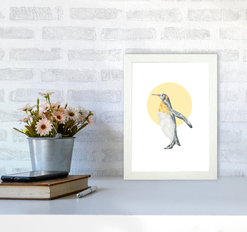 Watercolour Penguin With Yellow Circle Modern Print, Animal Art Print A4 Oak Frame
