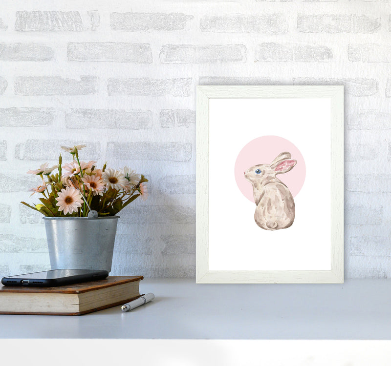 Watercolour Bunny With Pink Circle Modern Print, Animal Art Print A4 Oak Frame