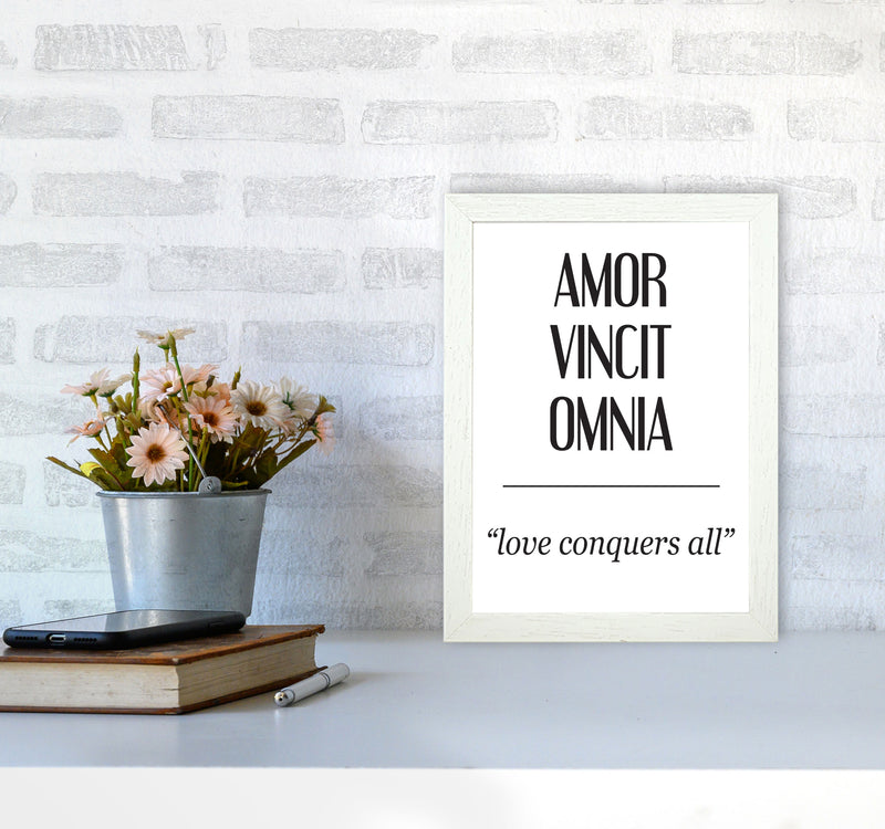 Amor Vincit Omnia Framed Typography Wall Art Print A4 Oak Frame