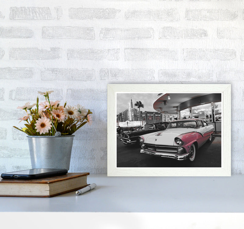 Vintage Pink And White Car Modern Print A4 Oak Frame