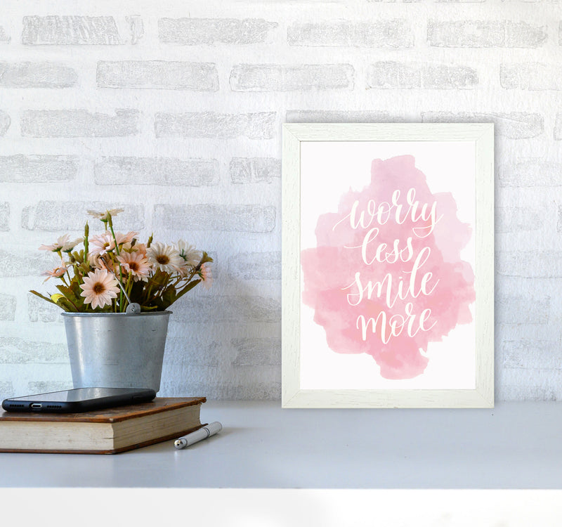 Worry Less Smile More Pink Watercolour Modern Print A4 Oak Frame
