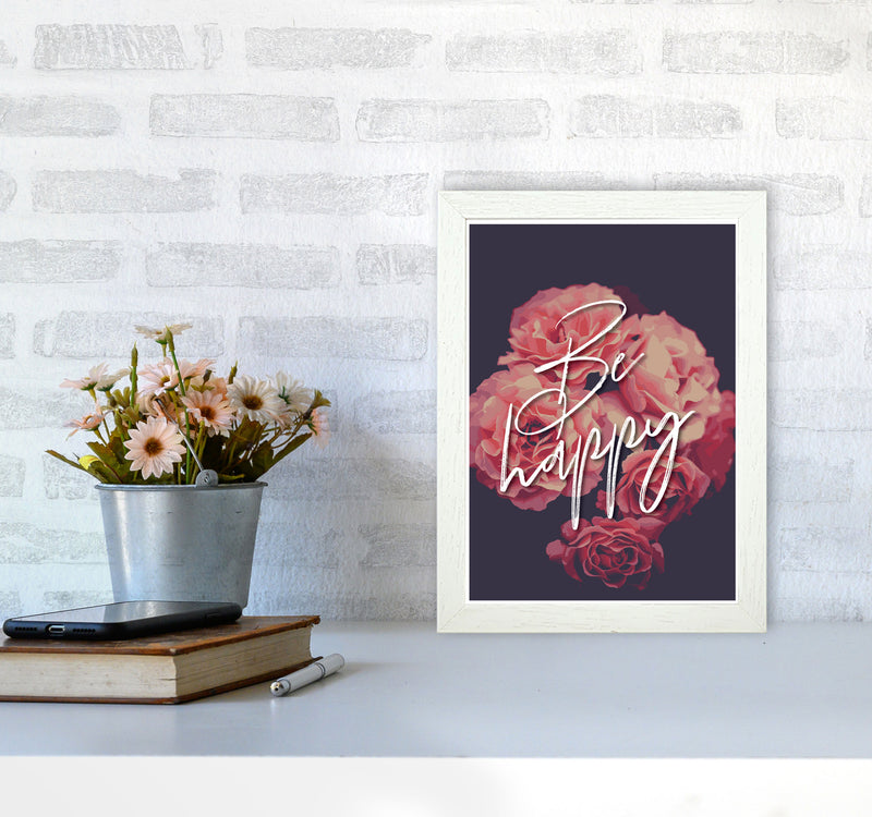 Be Happy Floral Modern Print, Framed Botanical & Nature Art Print A4 Oak Frame