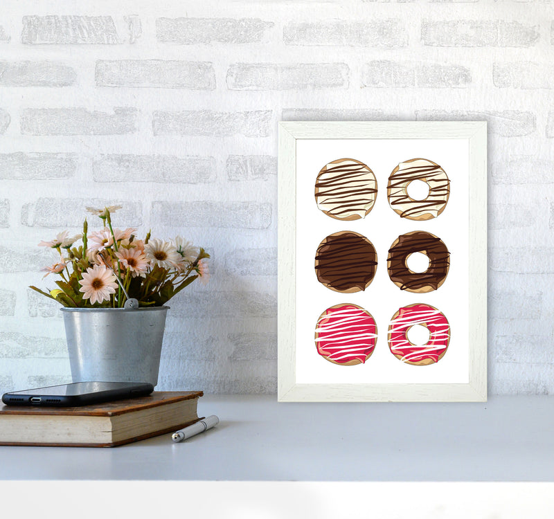 Donuts White Modern Print, Framed Kitchen Wall Art A4 Oak Frame