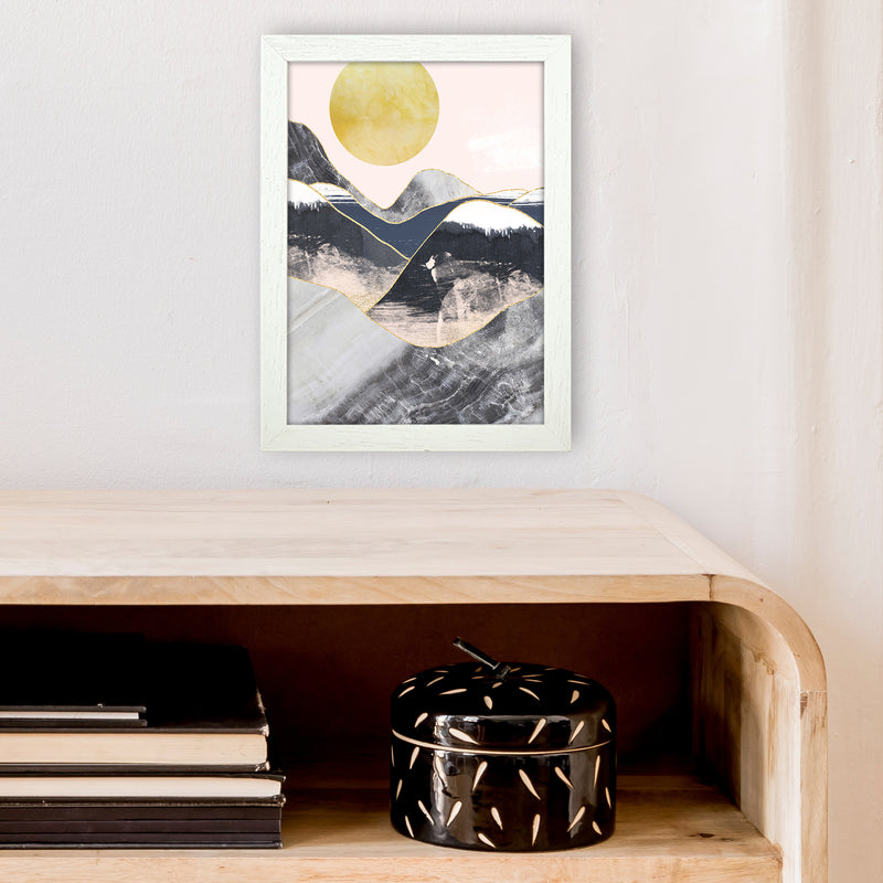 Gold Moon Navy Marble Mountains  Art Print by Pixy Paper A4 Oak Frame