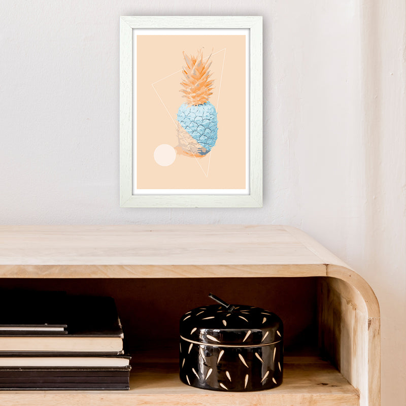 Pineapple In Blue With Peach  Art Print by Pixy Paper A4 Oak Frame