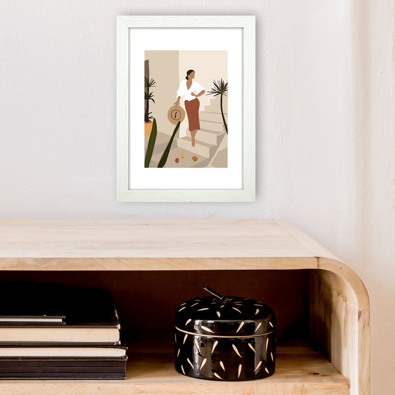 Mica Girl On Stairs N8  Art Print by Pixy Paper A4 Oak Frame