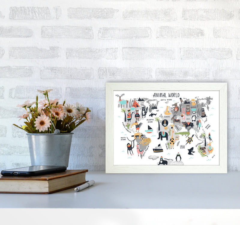 Animal World Map  Art Print by Pixy Paper A4 Oak Frame