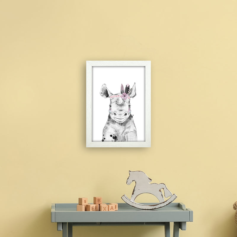 Safari Babies Rhino With Head Feathers  Art Print by Pixy Paper A4 Oak Frame