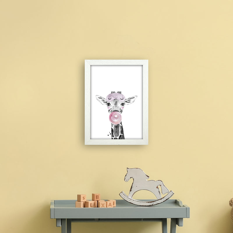 Safari Babies Giraffe With Bubble  Art Print by Pixy Paper A4 Oak Frame