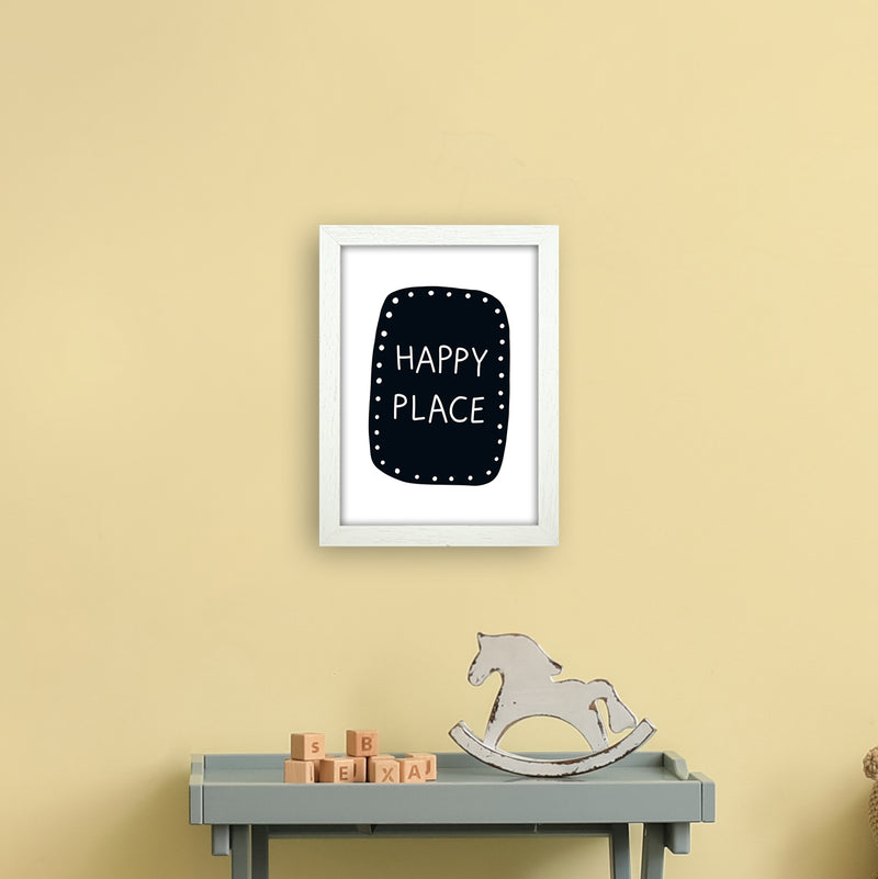 Happy Place Super Scandi Black  Art Print by Pixy Paper A4 Oak Frame