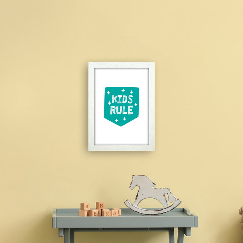 Kids Rule Teal Super Scandi  Art Print by Pixy Paper A4 Oak Frame