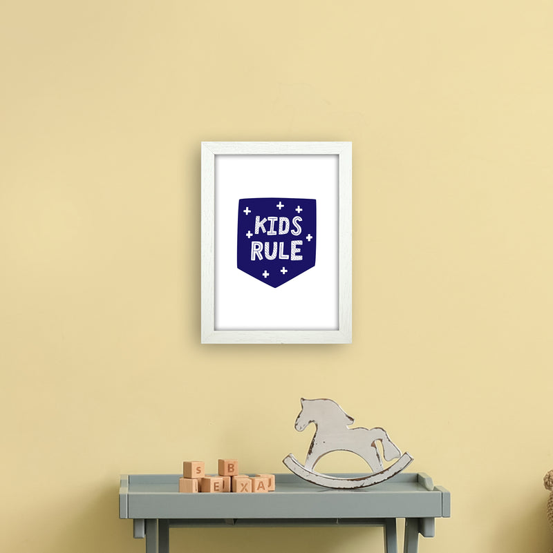 Kids Rule Navy Super Scandi  Art Print by Pixy Paper A4 Oak Frame