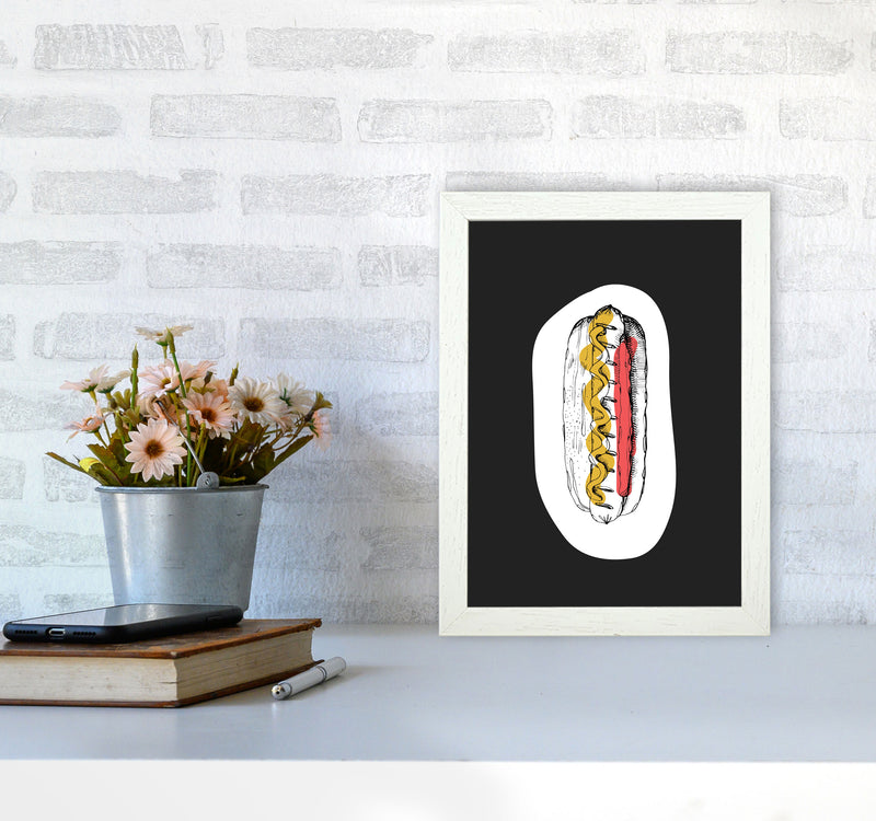 Kitchen Pop Hot Dog Off Black Art Print by Pixy Paper A4 Oak Frame