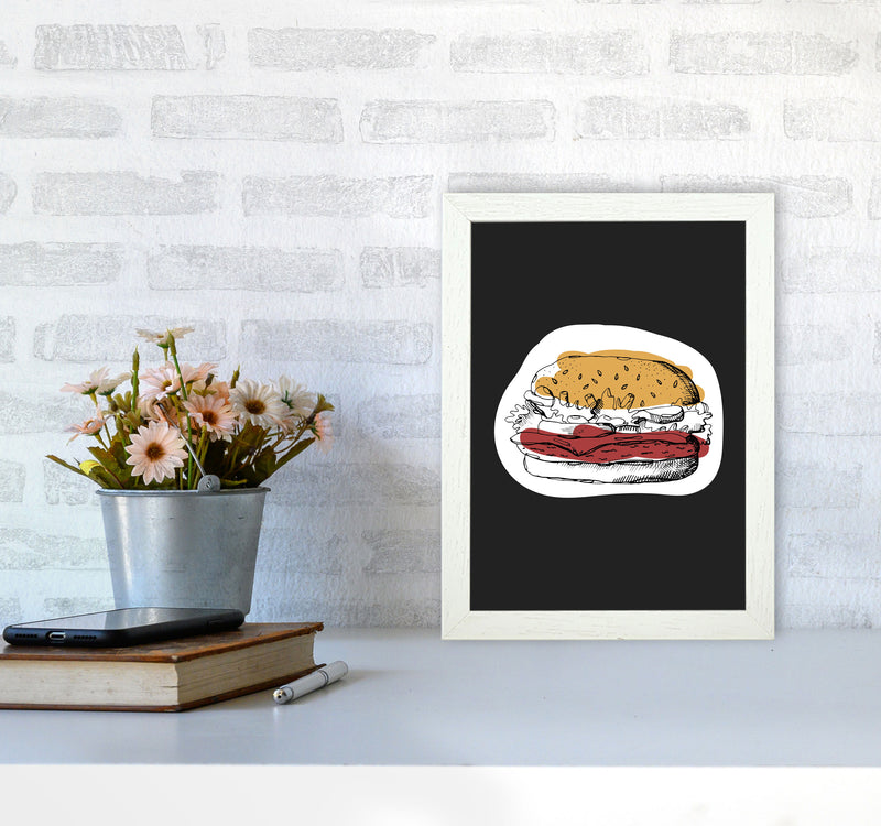 Kitchen Pop Burger Off Black Art Print by Pixy Paper A4 Oak Frame