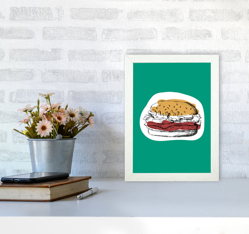 Kitchen Pop Burger Teal Art Print by Pixy Paper A4 Oak Frame