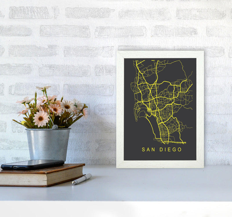San Diego Map Neon Art Print by Pixy Paper A4 Oak Frame