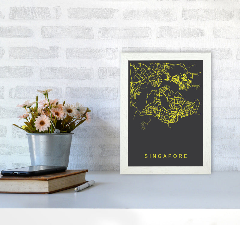 Singapore Map Neon Art Print by Pixy Paper A4 Oak Frame